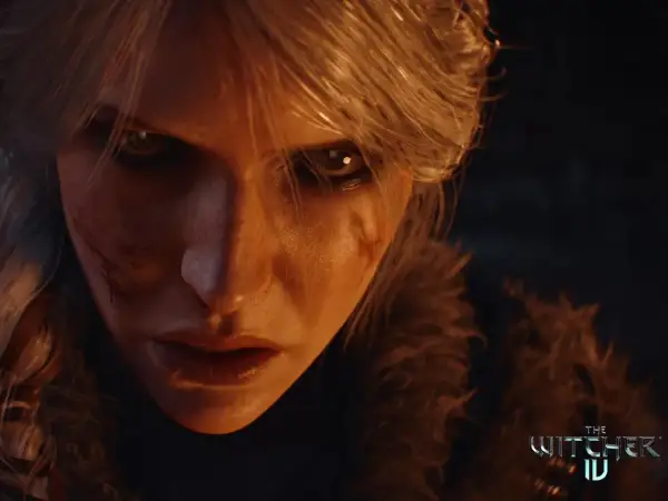 Zbliżenie na twarz Ciri z bliznami, w tle logo Wiedźmin IV. Czy moje PC sprosta wiedźmin 4 wymagania?