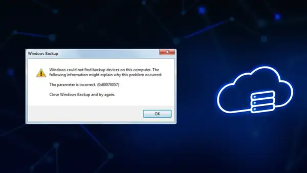 Błąd 0x80070057 uniemożliwia tworzenie kopii zapasowych w systemie Windows. Chmura z serwerami symbolizuje problem z backupem.