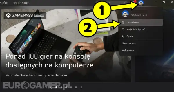 Xbox realizacja kodu: kliknij ikonę profilu (1), a następnie Ustawienia (2), aby zarządzać kontem.
