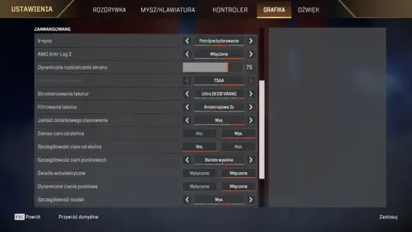 Ustawienia grafiki w Apex Legends: V-sync, AMD Anti-Lag 2, TSAA, Ultra (8 GB VRAM). Sprawdź wymagania gry.