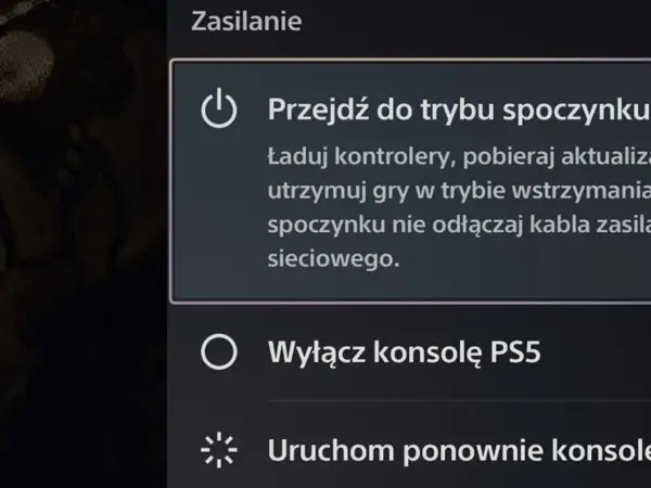 Menu zasilania konsoli PS5 z opcjami: tryb spoczynku, wyłączenie i ponowne uruchomienie.