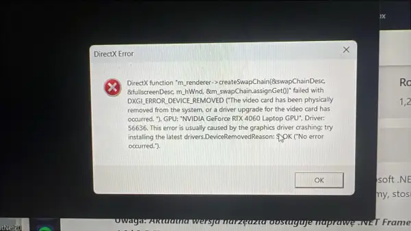 Okno błędu DirectX z komunikatem o problemie z kartą graficzną NVIDIA GeForce RTX 4060.