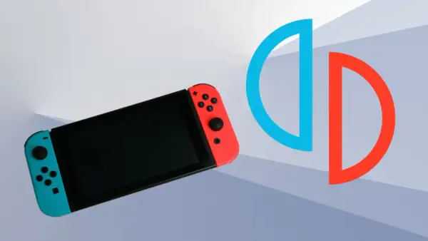 Konsola Nintendo Switch z niebieskim i czerwonym Joy-Conem obok symbolu podzielonego okręgu.