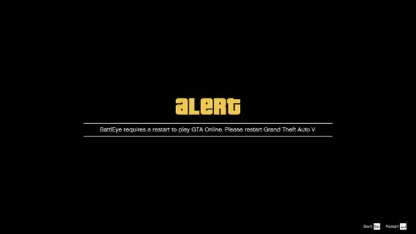 Komunikat "ALERT" z tekstem o konieczności restartu GTA Online przez BattlEye.