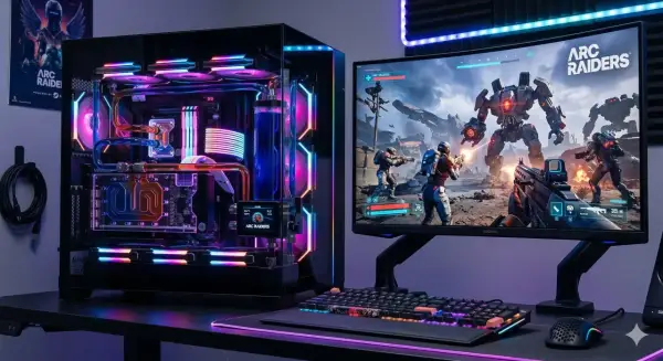 Komputer z podświetleniem RGB i monitor wyświetlający grę ARC Raiders.