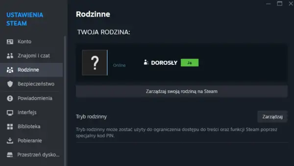 Ustawienia Steam: Rodzinne. Widok panelu zarządzania rodziną na Steam, gdzie można skonfigurować tryb rodzinny.