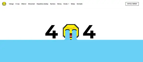 Grafika przedstawia cyfry 404 z emotikoną płaczącą ze śmiechu, na tle białym i niebieskim.