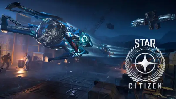 Nocny deszcz na stacji kosmicznej. Widać statek z załogą, logo Star Citizen i zapowiedź gry na Xbox.