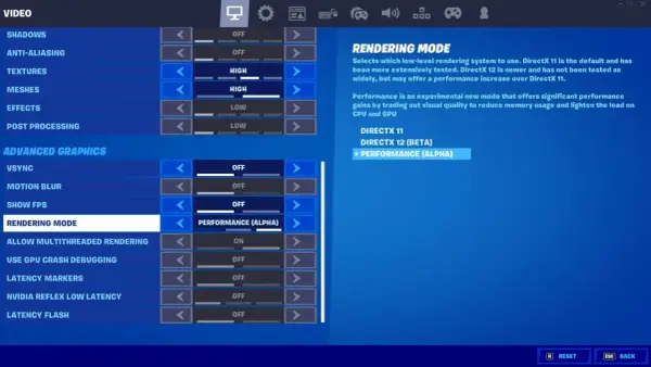 Ustawienia graficzne Fortnite na PC: tryb renderowania DirectX 12 (Beta) Performance (Alpha) dla lepszej wydajności.