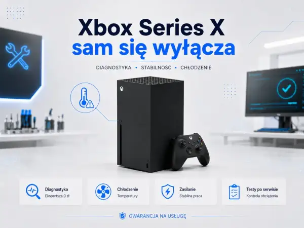 Xbox Series X z kontrolerem, ikony diagnostyki, chłodzenia i zasilania.