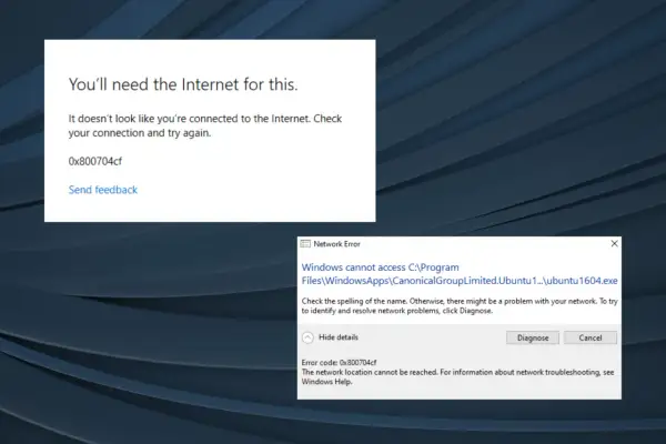 Komunikat błędu Windows 0x800704cf o problemach z siecią i połączeniem internetowym.