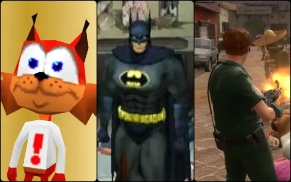 Trzy postacie z gier: rudy kot, Batman i żołnierz strzelający z karabinu.